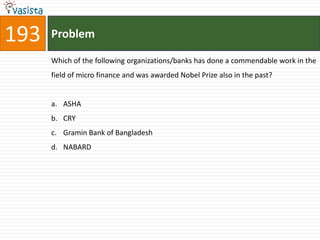 193   Problem

      Which of the following organizations/banks has done a commendable work in the
      field of micro finance and was awarded Nobel Prize also in the past?


      a. ASHA
      b. CRY
      c. Gramin Bank of Bangladesh
      d. NABARD
 