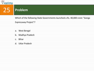 25   Problem

     Which of the following State Governments launched a Rs. 40,000 crore "Ganga
     Expressway Project"?


     a. West Bengal
     b. Madhya Pradesh
     c. Bihar
     d. Uttar Pradesh
 