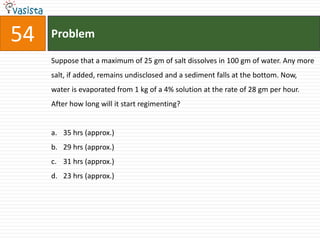 54   Problem

     Suppose that a maximum of 25 gm of salt dissolves in 100 gm of water. Any more
     salt, if added, remains undisclosed and a sediment falls at the bottom. Now,
     water is evaporated from 1 kg of a 4% solution at the rate of 28 gm per hour.
     After how long will it start regimenting?


     a. 35 hrs (approx.)
     b. 29 hrs (approx.)
     c. 31 hrs (approx.)
     d. 23 hrs (approx.)
 