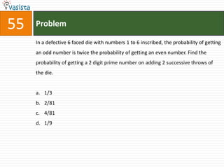 55   Problem

     In a defective 6 faced die with numbers 1 to 6 inscribed, the probability of getting
     an odd number is twice the probability of getting an even number. Find the
     probability of getting a 2 digit prime number on adding 2 successive throws of
     the die.


     a. 1/3
     b. 2/81
     c. 4/81
     d. 1/9
 
