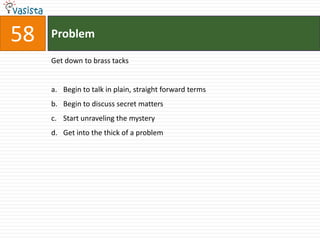 58   Problem

     Get down to brass tacks


     a. Begin to talk in plain, straight forward terms
     b. Begin to discuss secret matters
     c. Start unraveling the mystery
     d. Get into the thick of a problem
 