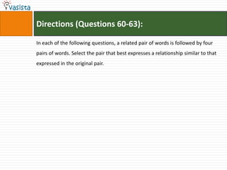 Directions (Questions 60-63):

In each of the following questions, a related pair of words is followed by four
pairs of words. Select the pair that best expresses a relationship similar to that
expressed in the original pair.
 