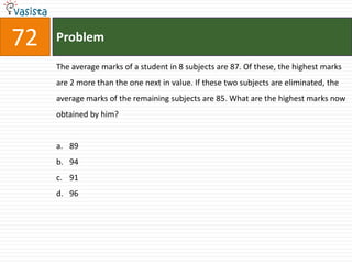 72   Problem

     The average marks of a student in 8 subjects are 87. Of these, the highest marks
     are 2 more than the one next in value. If these two subjects are eliminated, the
     average marks of the remaining subjects are 85. What are the highest marks now
     obtained by him?


     a. 89
     b. 94
     c. 91
     d. 96
 