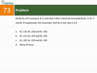 73   Problem

     Divide Rs. 671 among A, B, C such that if their shares be increased by Rs. 3, Rs. 7
     and Rs. 9 respectively, the remainder shall be in the ratio 1:2:3.


     a.   Rs. 110, Rs. 220 and Rs. 336
     b. Rs. 112, Rs. 223 and Rs. 336
     c.   Rs. 105, Rs. 223 and Rs. 330
     d. None of these.
 