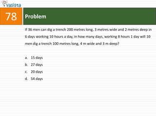 78   Problem

     If 36 men can dig a trench 200 metres long, 3 metres wide and 2 metres deep in
     6 days working 10 hours a day, in how many days, working 8 hours 1 day will 10
     men dig a trench 100 metres long, 4 m wide and 3 m deep?


     a. 15 days
     b. 27 days
     c. 20 days
     d. 54 days
 