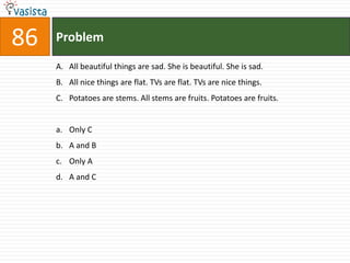 86   Problem

     A. All beautiful things are sad. She is beautiful. She is sad.
     B. All nice things are flat. TVs are flat. TVs are nice things.
     C. Potatoes are stems. All stems are fruits. Potatoes are fruits.


     a. Only C
     b. A and B
     c. Only A
     d. A and C
 