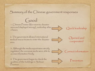 Summary of the Chinese government responses
Good
1. Chinese Premier Wen went to disaster
area and displayed strong Leadership after
2 hours
2. The government allowed international
medical rescue teams to enter the disaster
area.
3. Although the media report were strictly
regulated, the overseas media were able to
access information freely.
4. The government began to check the
qualities of the buildings in Sichuan
Province.
Quick leadership
Opened and
cooperated
Correct information
Prevention
 