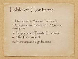 Table of Contents
1. Introduction to Sichuan Earthquake
2. Comparison of 2008 and 2013 Sichuan
earthquake
3. Responses of Private Companies
and the Government
4. Summary and significance
 