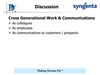 Discussion Cross Generational Work & Communications As colleagues As employees As communications to customers / prospects 