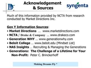 Acknowledgement  & Sources Much of this information provided by NCTA from research conducted by Market Directions Inc. Gen Y Information Sources : Market Directions   …  www.marketdirections.com NCTA  /  Drake & Company  … www.drakeco.com Generation WHY  … www.generationwhy.com Beloit College  … www.beloit.edu (Mindset List) NAS Insights  … Recruiting & Managing the Generations Generations:  The Challenge of a Lifetime for Your Non-Profit:   Peter C. Brinckerhoff 