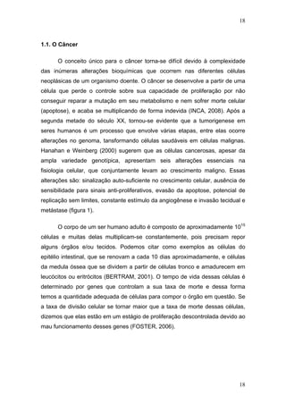18
1.1. O Câncer
O conceito único para o câncer torna-se difícil devido à complexidade
das inúmeras alterações bioquímicas que ocorrem nas diferentes células
neoplásicas de um organismo doente. O câncer se desenvolve a partir de uma
célula que perde o controle sobre sua capacidade de proliferação por não
conseguir reparar a mutação em seu metabolismo e nem sofrer morte celular
(apoptose), e acaba se multiplicando de forma indevida (INCA, 2008). Após a
segunda metade do século XX, tornou-se evidente que a tumorigenese em
seres humanos é um processo que envolve várias etapas, entre elas ocorre
alterações no genoma, tansformando células saudáveis em células malignas.
Hanahan e Weinberg (2000) sugerem que as células cancerosas, apesar da
ampla variedade genotípica, apresentam seis alterações essenciais na
fisiologia celular, que conjuntamente levam ao crescimento maligno. Essas
alterações são: sinalização auto-suficiente no crescimento celular, ausência de
sensibilidade para sinais anti-proliferativos, evasão da apoptose, potencial de
replicação sem limites, constante estímulo da angiogênese e invasão tecidual e
metástase (figura 1).
O corpo de um ser humano adulto é composto de aproximadamente 1015
células e muitas delas multiplicam-se constantemente, pois precisam repor
alguns órgãos e/ou tecidos. Podemos citar como exemplos as células do
epitélio intestinal, que se renovam a cada 10 dias aproximadamente, e células
da medula óssea que se dividem a partir de células tronco e amadurecem em
leucócitos ou eritrócitos (BERTRAM, 2001). O tempo de vida dessas células é
determinado por genes que controlam a sua taxa de morte e dessa forma
temos a quantidade adequada de células para compor o órgão em questão. Se
a taxa de divisão celular se tornar maior que a taxa de morte dessas células,
dizemos que elas estão em um estágio de proliferação descontrolada devido ao
mau funcionamento desses genes (FOSTER, 2006).
18
 