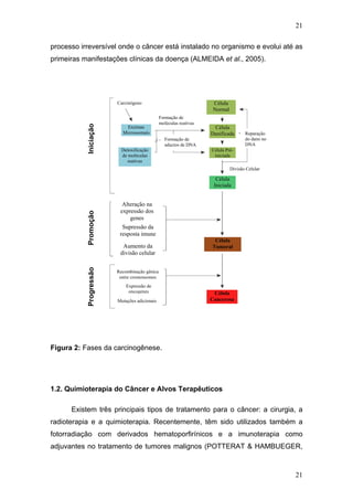 21
processo irreversível onde o câncer está instalado no organismo e evolui até as
primeiras manifestações clínicas da doença (ALMEIDA et al., 2005).
Carcinógeno Célula
Normal
Formação de
moléculas reativas
Enzimas
Microssomais
Iniciação
Célula
Danificada Reparação
do dano no
DNA
Formação de
aductos de DNA
Célula Pré-
iniciada
Detoxificação
de moléculas
reativas
Célula
Iniciada
Divisão Celular
Alteração na
expressão dos
genes
Aumento da
divisão celular
Supressão da
resposta imune
Promoção
Célula
Tumoral
Progressão
Mutações adicionais
Expressão de
oncogenes
Recombinação gênica
entre cromossomos
Célula
Cancerosa
Figura 2: Fases da carcinogênese.
1.2. Quimioterapia do Câncer e Alvos Terapêuticos
Existem três principais tipos de tratamento para o câncer: a cirurgia, a
radioterapia e a quimioterapia. Recentemente, têm sido utilizados também a
fotorradiação com derivados hematoporfirínicos e a imunoterapia como
adjuvantes no tratamento de tumores malignos (POTTERAT & HAMBUEGER,
21
 