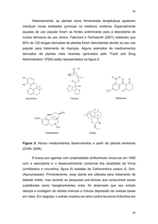 30
Historicamente, as plantas como ferramentas terapêuticas ajudaram
introduzir novas entidades químicas na medicina moderna. Especialmente
aquelas de uso popular foram as fontes preliminares para a descoberta de
muitos fármacos de uso clínico. Fabricant e Farnsworth (2001) relataram que
80% de 122 drogas derivadas de plantas foram descobertas devido ao seu uso
popular para tratamento de doenças. Alguns exemplos de medicamentos
derivados de plantas mais recentes aprovados pelo “Food and Drug
Administration” (FDA) estão representados na figura 5.
N
OH
OH
H
Apomorfina
S
S OH
O O
H
N
+
O
Br
-
Tiotrópio
OO
O
N
+ O
-
O
F3C
Nitisinone
N
O
CH3
CH3O
CH3
Galantamina
O
O
O
O
H
H
Artéter
Figura 5: Novos medicamentos desenvolvidos a partir de plantas terrestres
(CHIN, 2006).
A busca por agentes com propriedades antitumorais iniciou-se em 1950
com a descoberta e o desenvolvimento comercial dos alcalóides da Vinca
(vimblastina e vincristina, figura 6) isoladas da Catharanthus roseus G. Don.
(Apocynaceae). Primariamente, essa planta era utilizada para tratamento de
diabete melito, mas durante as pesquisas pré-clinicas que conduziriam essas
substâncias como hipoglicemiantes orais, foi observado que seu extrato
reduzia a contagem de células brancas e induzia depressão da medula óssea
em ratos. Em seguida, o extrato mostrou-se ativo contra leucemia linfocítica em
30
 