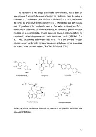 34
O flavopiridol é uma droga classificada como sintética, mas a base de
sua estrutura é um produto natural chamado de rohitukine. Esse flavonóide é
considerado o responsável pela atividade antiinflamatória e imunomoduladora
do extrato da Dysoxylum binectariferum Hook. f. (Meliaceae), que por sua vez
está filogeneticamente relacionada com a Dysoxylum malabaricum Bedd.,
usada para o tratamento da artrite reumatóide. O flavopirodol possui atividade
inibitória em receptores do tipo tirosina quinase e atividade inibitória potente no
crescimento várias linhagens de carcinoma de mama e pulmão (SAUSVILLE et
al., 1999). Atualmente encontra-se nas fases I e II em diversos estudos
clínicos, ou em combinação com outros agentes anticâncer contra leucemias,
linfomas e outros tumores sólidos (CRAGG & NEWMAN, 2005).
OCH3
OH
H3CO
H3CO
H3CO
Combretastatin A4
OH
OH O
Cl
N
OH
Flavopiridol
OOH
OH
PenoxodiolFenoxodiol
O
O
O
N
OH
O
OCH3
H
O O
OH
O
OH
OH
O
O
InHomoharringtonineHomoharringtonina genol 3-O-angelate3-ο-angelato de ingenol
Figura 9: Novas moléculas isoladas ou derivadas de plantas terrestres com
potencial anticâncer.
34
 
