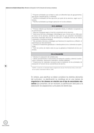 18
Gobierno de la Ciudad de Buenos Aires. Ministerio de Educación. D.G.P.E. Dirección de Currícula y Enseñanza
* Proponer actividades que se lleven a cabo con diferentes tipos de agrupamientos:
gran grupo, pequeño grupo, e individual.
* Planificar actividades de libre ejecución por parte de los alumnos, según sus in-
tereses.
* Planificar actividades que tengan aplicación en la vida cotidiana.
EN EL ABORDAJE
* Priorizar métodos que favorezcan la expresión directa, la reflexión, la expresión y
la comunicación.
* Adecuar el lenguaje según el nivel de comprensión de los alumnos.
* Seleccionar técnicas y estrategias metodológicas que, a la vez que son útiles para
el común de los alumnos, también lo sean para los que presentan necesidades
educativas especiales (técnicas de demostración y modelado, técnicas de trabajo
cooperativo o enseñanza tutorada).
* Dar prioridad a técnicas y estrategias que favorezcan la experiencia y reflexión: el
aprendizaje por descubrimiento.
* Favorecer el tratamiento globalizado o interdisciplinar de los contenidos de apren-
dizaje.
* Partir de centros de interés sobre los que se globalice el tratamiento de los con-
tenidos.
EN LA EVALUACIÓN
* Introducir la evaluación del contexto aula.
* Utilizar procedimientos e instrumentos de evaluación variados y diversos (cuestio-
narios, entrevistas, observación sistemática, pruebas objetivas).
* Proporcionar los materiales necesarios para la realización de las actividades de
evaluación en función de las características del alumno.
FUENTE: La atención a la diversidad desde la programación del aula. Pilar Sánchez Arnáiz y Carlos Garri-
do Gil. España, Universidad de Murcia, 1999.
En síntesis, para planificar se deben considerar los distintos elementos
del currículum. La planificación se constituye así en una manera de
singularizar a los alumnos en relación con el tipo de necesidades edu-
cativas que presentan; de ser necesario, la planificación dará paso a la
elaboración de adaptaciones curriculares de distinto tipo.
 