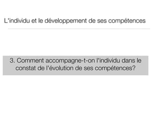 L'individu et le développement de ses compétences 3. Comment accompagne-t-on l'individu dans le constat de l'évolution de ses compétences? 