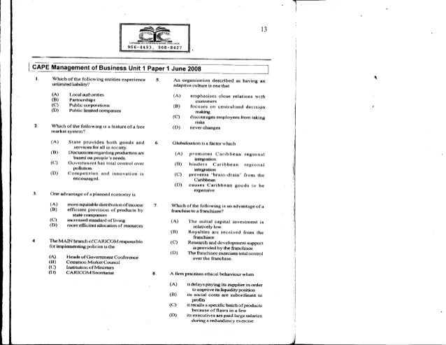 unit 1 cape management of business paper 1 2008 past paper rough s papers business