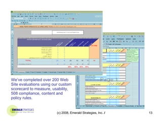 We’ve completed over 200 Web Site evaluations using our custom scorecard to measure, usability, 508 compliance, content and policy rules.  