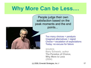 Why More Can be Less.... People judge their own satisfaction based on the peak moments and the end points...  SOURCE:  Barry Schwartz, author The Paradox of Choice, Why More is Less  (2004) Too many choices = paralysis Imagined alternatives = regret Choice = escalation of expectations Today: no excuse for failure 