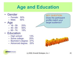 Age and Education Gender Female:  50% Male:  50% Age  18 - 39:   25% 40 - 59:   56% 60 - 74:   19% Education High school:  13% Some college:  25% Bachelor’s degree:  37% Advanced degree:  25% Participants KEY QUESTION: Does the participant profile match your target audience? 