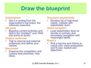 Draw the blueprint Endorsement  Get it in writing from the organization's top brass: the visionary executive Set goals   Baseline current activities and define the "problem" your Web site wants to tackle. Analyze audiences   Talk to internal and external audiences and define your market. Benchmark   Examine the competition and surface best practices, new ideas. Document requirements   Develop list of high-level needs; validate with stakeholder team. Select navigation   Lead stakeholder team to decide on primary and secondary navigation with meaningful labels. Brand it   Pick a tag line and theme to match your value proposition and fit your market and objectives. 
