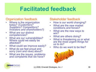 Facilitated feedback Organization feedback Where is the organization today?  (Customers?  Suppliers? Competitors? Investors and shareholders?) What are our distinct competencies? What are our vulnerabilities?  Where could we easily be attacked? What could we improve easily? What do we feel proud and sorry (rant and rave) about? What are the issues, problems and complaints that we have? Stakeholder feedback How is our world changing? What are the new market conditions and forces? What are the new ways to win? What are others doing? What is threatening us or what are the most urgent things for us to do? Who do we want to be like? Sample 