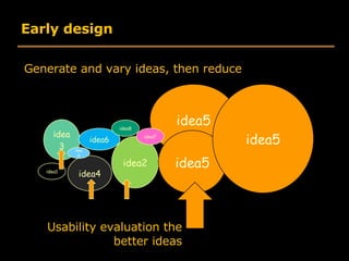 Early design <ul><li>Generate and vary ideas, then reduce </li></ul>Usability evaluation the better ideas idea5 idea4 idea...