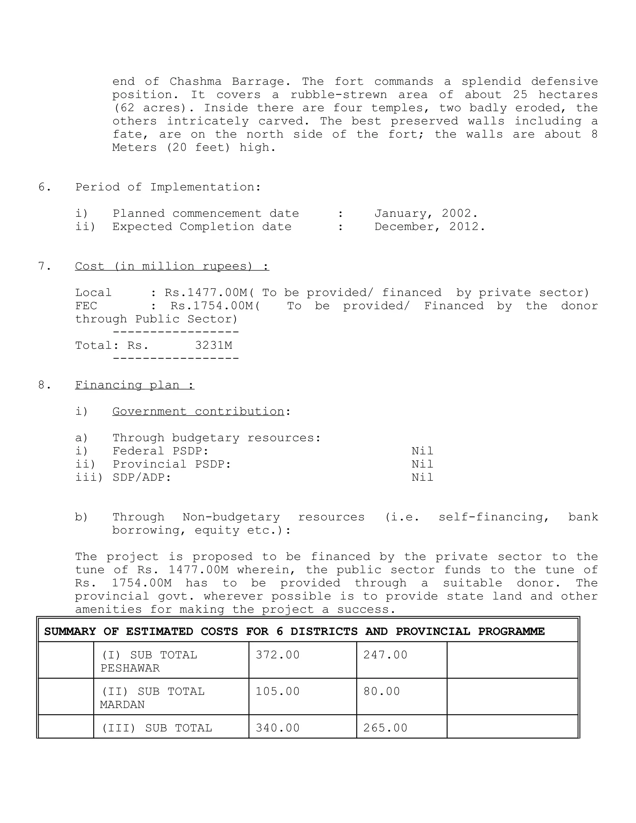 end of Chashma Barrage. The fort commands a splendid defensive
position. It covers a rubble-strewn area of about 25 hectares
(62 acres). Inside there are four temples, two badly eroded, the
others intricately carved. The best preserved walls including a
fate, are on the north side of the fort; the walls are about 8
Meters (20 feet) high.
6. Period of Implementation:
i) Planned commencement date : January, 2002.
ii) Expected Completion date : December, 2012.
7. Cost (in million rupees) :
Local : Rs.1477.00M( To be provided/ financed by private sector)
FEC : Rs.1754.00M( To be provided/ Financed by the donor
through Public Sector)
-----------------
Total: Rs. 3231M
-----------------
8. Financing plan :
i) Government contribution:
a) Through budgetary resources:
i) Federal PSDP: Nil
ii) Provincial PSDP: Nil
iii) SDP/ADP: Nil
b) Through Non-budgetary resources (i.e. self-financing, bank
borrowing, equity etc.):
The project is proposed to be financed by the private sector to the
tune of Rs. 1477.00M wherein, the public sector funds to the tune of
Rs. 1754.00M has to be provided through a suitable donor. The
provincial govt. wherever possible is to provide state land and other
amenities for making the project a success.
SUMMARY OF ESTIMATED COSTS FOR 6 DISTRICTS AND PROVINCIAL PROGRAMME
(I) SUB TOTAL
PESHAWAR
372.00 247.00
(II) SUB TOTAL
MARDAN
105.00 80.00
(III) SUB TOTAL 340.00 265.00
 
