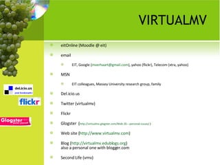 VIRTUALMV eitOnline (Moodle @ eit) email EIT, Google ( [email_address] ), yahoo (flickr), Telecom (xtra, yahoo) MSN EIT colleagues, Massey University research group, family Del.icio.us Twitter (virtualmv) Flickr  Glogster  ( http://virtualmv.glogster.com/Web-20---personal-issues/  ) Web site ( http://www.virtualmv.com ) Blog ( http://virtualmv.edublogs.org )  also a personal one with blogger.com Second Life (vmv) 