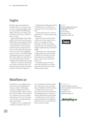 KF I Verksamhetsberättelse 2008




     Daglivs
     u Daglivs ligger på Kungsholmen i                    Försäljningen för 2008 uppgår till totalt   Daglivs
     Stockholm och är en av Sveriges största           478 miljoner kronor, exklusive moms,           Styrelse: Ordförande Pär Jansson,
     och mest framgångsrika dagligvarubuti-            en ökning med 1,2 procent jämfört med          Johnny Capor, Magnus Ros,
                                                                                                      Jonny Olsson
     ker. Sedan årsskiftet 2007/2008 ingår             2007.
                                                                                                      Vd: Per Ekstrand
     Daglivs i KF-koncernen. Daglivs starta-              Ett omfattande arbete har under året
                                                                                                      Omsättning: 478 mkr
     des 1982 och består idag av 4 200 kvm             genomförts för att införa organisatoriska      Medelantal anställda: 109
     säljyta i två plan.                               förbättringar.
        Daglivs tillhandahåller drygt 30 000              Daglivs har under året blivit KRAV-
     artiklar, vilket är det största sortimentet       certﬁerat och är sedan tidigare Svanen-
     bland landets samtliga dagligvarubutiker          märkt. Stor vikt läggs vid energi-
     i supermarketformatet. Butiken har en             besparingar i butiken och transporter
     ”sortimentsgaranti”, vilket innebär att           som planeras för att åstadkomma minsta
     kunderna kan lämna önskemål och få                möjliga energiförbrukning och koldioxid-
     i stort sett vilka varor de vill i sortimentet.   utsläpp.
     Förutsatt att varorna ﬁnns tillgängliga              Fokus kommer även i fortsättningen
     tas de in i butiken, i annat fall får kunden      att ligga på förnyelse och förändringar
     2 000 poäng insatta på sitt Coop Med-             av butiken för att förstärka mervärdet
     Mera-konto. Daglivs har också ﬂest kun-           för kunderna. En ny kundtjänst ska
     der av alla butiker i landet. Närmare             inrättas, vilket kommer att bidra till
     13 000 personer besöker butiken varje dag.        ökad service.
        2008 blev ett mycket bra omsättnings-             Kostnadsbesparingarna fortsätter
     och resultatår med hänsyn till den nya            under 2009 samtidigt som satsningar
     konkurrenssituationen lokalt och engångs-         genomförs, bland annat på att vidare-
     kostnader i samband med ägarbytet.                utbilda butikspersonalen.




     Mataffären.se
     u Mataﬀären.se är en dagligvarubutik              ment av ekologiska och Rättvisemärkta          Mataffären.se
     med internet som försäljningskanal.               varor. Alla leveranser sker med biogas-        Styrelse: Ordförande Pär Jansson
     Kunderna erbjuds ett fullständigt                 bilar, och Mataﬀären är KRAV-certiﬁerad.       Johnny Capor, Martin Fridolf, Karl Wistrand
     sortiment av dagligvaror för leverans                Kunderna kan betala via internet,           Vd: Claes Hessel
     i Stockholmsområdet. Tjänsten startade            faktura eller via kortterminal vid leverans.   Omsättning: 27 mkr
     före sommaren 2008 och blev snabbt en             Coop MedMera-kort kan användas för             Medelantal anställda: 26
     succé. Hemleveranser sker på vardagar             att betala inköp eller för att samla poäng.
     mellan klockan 10 och 22. Verksamhe-                 Mataﬀären har som mål att bli den
     ten bedrivs från ett nybyggt plocklager           dominerande aktören inom dagligvaru-
     söder om Stockholm.                               handel på internet, och att leda utveck-
        Mataﬀären.se har en utpräglad färsk-           lingen inom detta område.
     varuproﬁl och erbjuder ett brett sorti-




20
 
