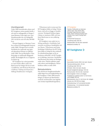 Utvecklingsprojekt                               Tillsammans med en annan part har        KF Fastigheter
Under 2008 intensiﬁerades arbetet med         KF Fastigheter bildat ett bolag i Nynäs-    Styrelse: Ordförande Lars Idermark,
                                              hamn, med syfte att bygga ett handels-      Johnny Capor, Hans Eklund, Nina
KF Fastigheters största projekt hittills, i
                                                                                          Hornewall, Ingrid Karlsson, Anders
och med att ombyggnaden av Hangar 3           centrum. Nynäspark beräknas öppna           Stake, Anders Palmquist (facklig repre-
inom Bromma Center ägde rum i juni.           i början av sommaren 2009, och inne-        sentant), Harry Swartz (facklig repre-
                                              fattar bland annat en stor etablering       sentant)
Handelsområdet ska vara färdigställt
                                              för Coop.                                   Vd: Bernt-Olof Gustavsson
2012 och då ha vuxit till cirka 100 000
                                                                                          Omsättning totalt: 560 mkr
kvm.                                             KF Fastigheter vann under året en
                                                                                          Rörelseresultat: 542 mkr (inkl. reavinster)
   Förutom byggstart av Bromma Center         tävling anordnad av Stockholms Stad
                                                                                          Medelantal anställda: 93
har ett ﬂertal utvecklingsprojekt hanterats   avseende utveckling av handelsdelen vid
under 2008. I Kungens kurva utanför           nya Slussen. Tillsammans med fastig-
Stockholm har avgörande steg tagits,          hetsbolaget Gyllenforsen har KF Fastig-
och planarbetet kommer att påbörjas           heter bildat ett bolag för detta ändamål.
under 2009. Även på Backaplan i Göte-         En arkitekttävling pågår nu för att
borg pågår ett omfattande utbyggnads-         bestämma utförandet, och KF Fastighe-
projekt, där detaljplan för en av etapperna   ter är delaktiga i processen. Stockholms
nu närmar sig.                                Stad förväntas fatta beslut om förslagen
                                                                                          Nyckeltal
   KF Fastigheter har också genomfört         under våren. Därefter påbörjas omgå-        Hyresintäkter (brutto): 494,3 mkr (exkl. inhyrda)
ett antal mindre aﬀärer under året,           ende arbetet med detaljplanen. Planen       Tjänsteomsättning extern: 36 mkr
bland annat har bolaget förvärvat mark        beräknas ställas ut under 2010.             Omsättning totalt: 560 mkr
i Landskrona, samt förvärvat 60 procent                                                   Driftnetto: 318,2 mkr (exkl. inhyrda)
i Gallerian i Varberg och 50 procent i        Marknadsutsikterna                          Resultat fastighetsförsäljningar: 432 mkr
Solberga Handelscenter i Strängnäs.           Den allt kärvare fastighetsmarknaden        Rörelseresultat: 542 mkr (inkl. reavinster)
                                              ställer högre krav på fastighetsbolag som   Antal fastigheter: 50 hel- och delägda
                                              KF Fastigheter. Under 2009 kommer           Fastigheternas bokförda värde: 4,3 mdr kronor,
                                              bolaget att fokusera på ökad konkur-        varav delägda 300 mkr
                                              renskraft och lönsamhet samt åtgärder       Marknadsvärde cirka: 6,1 mdr kronor inkl. delägda
                                              som minskar kapitalbindningstiderna.        Uthyrbar yta: 450 000 kvm helägt
                                                                                          Direktavkastning: 5,4 % på identiskt bestånd
                                                                                          Totalavkastning: –3,2 på identiskt bestånd
                                                                                          Medelantal anställda: 93




                                                                                                                                         25
 