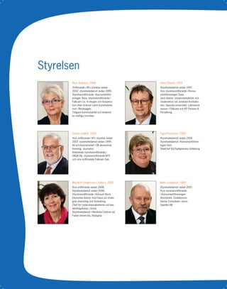KF I Verksamhetsberättelse 2008




              Styrelsen
                                       Nina Jarlbäck, 1946                      Hans Eklund, 1954
                                       Ordförande i KFs styrelse sedan          Styrelseledamot sedan 1997.
                                       2002, styrelseledamot sedan 1995.        Vice styrelseordförande i Konsu-
                                       Styrelseordförande i Konsumentför-       mentföreningen Svea.
                                       eningen Svea, styrelseordförande i       Juris doktor. Universitetslektor och
                                       Folksam Liv, Vi-skogen och Koopera-      studierektor vid Juridiska Institutio-
                                       tion Utan Gränser samt styrelseleda-     nen, Uppsala universitet. Lekmanna-
                                       mot i Riksbyggen.                        revisor i Folksam och KP Pension &
                                       Tidigare kommunalråd och ledamot         Försäkring.
                                       av statliga styrelser.




                                       Göran Lindblå, 1954                      Ingrid Karlsson, 1959
                                       Vice ordförande i KFs styrelse sedan     Styrelseledamot sedan 2004.
                                       2007, styrelseledamot sedan 1999.        Styrelseledamot i Konsumentfören-
                                       Vd och koncernchef i OK ekonomisk        ingen Väst.
                                       förening. Journalist.                    Städchef SU/Sahlgrenska Göteborg.
                                       Arbetande styrelseordförande i
                                       OKQ8 AB, styrelseordförande KFO
                                       och vice ordförande Folksam Sak.




                                       Maj-Britt Johansson Lindfors, 1950       Mats Lundquist, 1949
                                       Vice ordförande sedan 2008.              Styrelseledamot sedan 2001.
                                       Styrelseledamot sedan 2006.              Vice styrelseordförande
                                       Styrelseordförande i Konsum Nord.        i Konsumentföreningen
                                       Ekonomie doktor med fokus på strate-     Stockholm. Civilekonom.
                                       gisk utveckling och förändring.          Senior Consultant i Ipsos
                                       Chef för Ledarskapsakademin vid han-     Sweden AB.
                                       delshögskolan i Umeå.
                                       Styrelseledamot i Nordiska Centret vid
                                       Fudan University, Shanghai.




78
 