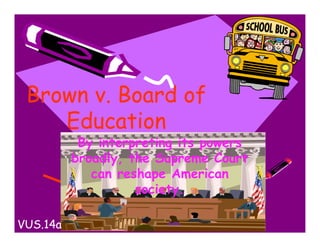 Brown v. Board of
Education
Brown v. Board of
Education
By interpreting its powers
broadly, the Supreme Court
can reshape American
society.
VUS.14a
 