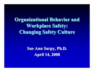 Organizational Behavior and
    Workplace Safety:
 Changing Safety Culture


     Sue Ann Sarpy, Ph.D.
        April 14, 2008
 