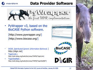 Data Provider Software PyWrapper v3, based on the BioCASE Python software. [ http://www.pywrapper.org/ ] [ http://www.biocase.org/ ] DiGIR,  Di stributed  G eneric  I nformation  R etrieval.  [ http://digir.net ] TapirLink  [ http://wiki.tdwg.org/twiki/bin/view/TAPIR/TapirLink ] TapirDotNet  [ http://wiki.tdwg.org/twiki/bin/view/TAPIR/TapirDotNET ] 
