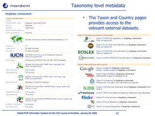 Taxonomy level metadata The Taxon and Country pages provides access to the relevant external datasets. 