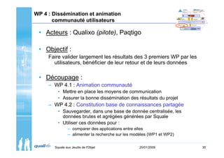 WP 4 : Dissémination et animation
       communauté utilisateurs

 • Acteurs : Qualixo (pilote), Paqtigo

 • Objectif :
     Faire valider largement les résultats des 3 premiers WP par les
       utilisateurs, bénéficier de leur retour et de leurs données

 • Découpage :
     – WP 4.1 : Animation communauté
         • Mettre en place les moyens de communication
         • Assurer la bonne dissémination des résultats du projet
     – WP 4.2 : Constitution base de connaissances partagée
         • Sauvegarder, dans une base de donnée centralisée, les
           données brutes et agrégées générées par Squale
         • Utiliser ces données pour :
               – comparer des applications entre elles
               – alimenter la recherche sur les modèles (WP1 et WP2)

       Squale aux Jeudis de l'Objet               20/01/2009           30
 