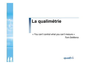 La qualimétrie

« You can’t control what you can’t mesure »
                                  Tom DeMarco
 
