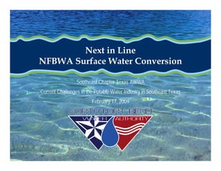 Next in Line
NFBWA Surface Water Conversion

                 Southeast Chapter Texas AWWA
Current Challenges in the Potable Water Industry in Southeast Texas
                        February 17, 2009
 