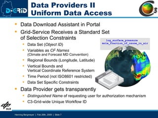 Data Providers II Uniform Data Access Data Download Assistant in Portal Grid-Service Receives a Standard Set of Selection Constraints Data Set ( Object ID ) Variables as  CF Names  (Climate and Forecast MD Convention) Regional Bounds (Longitude, Latitude) Vertical Bounds and Vertical Coordinate Reference System Time Period (not ISO8601 restricted) Data Set Specific Constraints Data Provider gets transparently Distinguished Name  of requesting user for authorization mechanism C3-Grid-wide Unique Workflow ID log_surface_pressure  mole_fraction_of_ozone_in_air … 