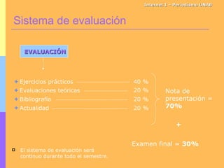 Sistema de evaluación Internet I – Periodismo UNAB EVALUACIÓN Bibliografía Evaluaciones teóricas Ejercicios prácticos Actualidad 40 % 20 % 20 % 20 % Nota de presentación =  70% Examen final =  30% + El sistema de evaluación será continuo durante todo el semestre. 