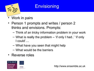 Envisioning

• Work in pairs
• Person 1 prompts and writes / person 2
  thinks and envisions. Prompts:
  – Think of an tricky information problem in your work
  – What is really the problem – ‘if only I had..’ ‘if only
    I could’....
  – What have you seen that might help
  – What would be the barriers
• Reverse roles

                                  http://www.ensemble.ac.uk
 
