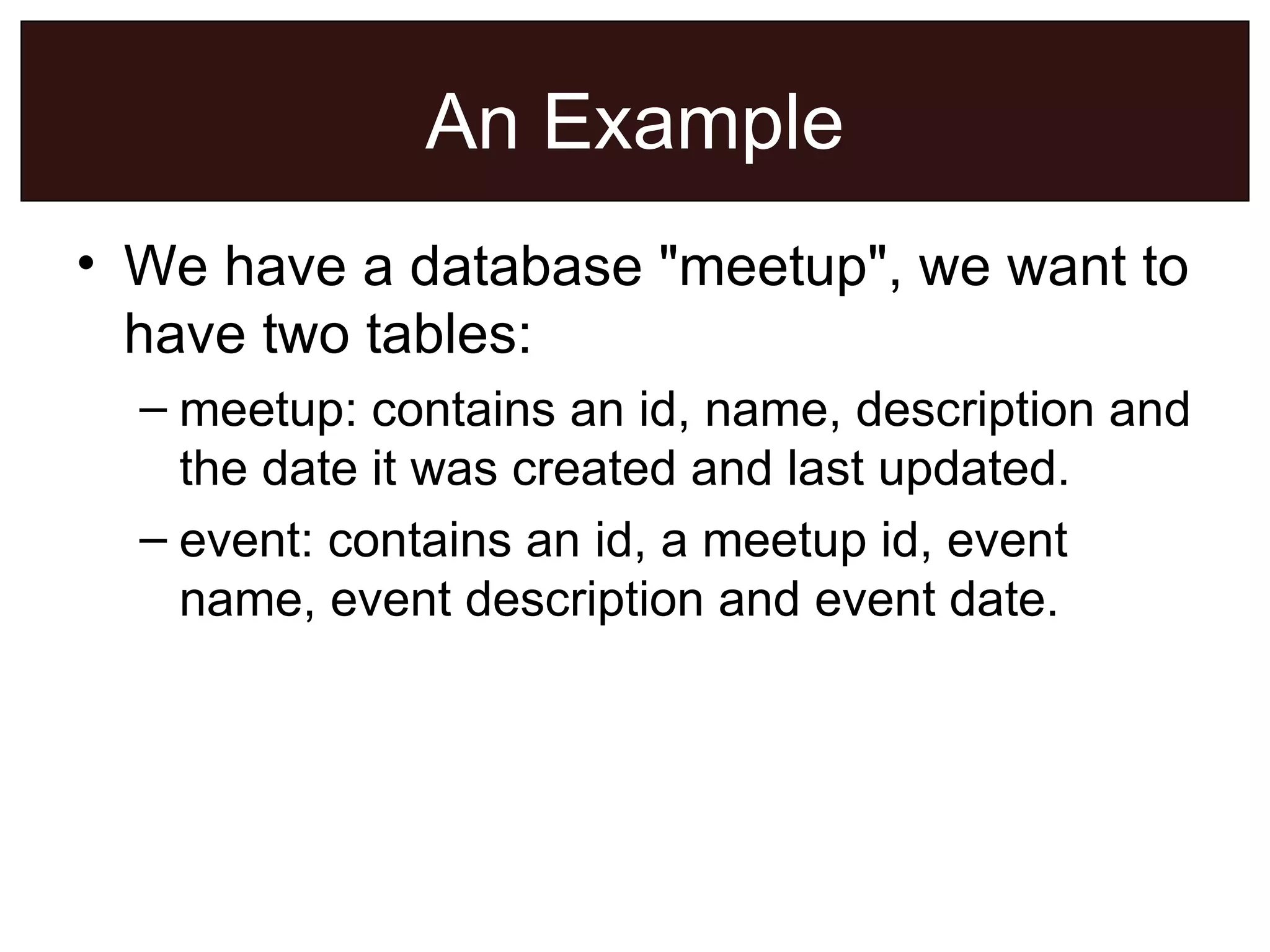 An Example We have a database &quot;meetup&quot;, we want to have two tables: meetup: contains an id, name, description and the date it was created and last updated. event: contains an id, a meetup id, event name, event description and event date. 