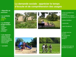 La demande sociale  :  apprécier le temps d’écoute et de compréhension des usages √   Que souhaitent les habitants?  Quels sont les usages  existants ou en devenir ? jardins familiaux randonnée sport de plein air … √  Quels sont les  besoins  des personnes  à mobilité réduite ?  √   Quel est le type de clientèle touristique ?  •  Objectifs du concours •  Le contexte - identité - demande  sociale •  La stratégie d’intervention   - projet - animation  - gestion - valorisation  touristique •  Les espaces   - espaces naturels - entrées de bourg - extensions urbaines - abords d’équipement - parcs et jardins - centre bourg •  Le suivi 