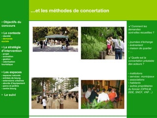 … et les méthodes de concertation  √   Comment les  demandes  sont-elles recueillies ? journées d’échange évènement maison de quartier … √   Quelle est la concertation préalable des acteurs ? institutions services  municipaux associations habitants autres propriétaires  du foncier (OPHLM, DDE, SNCF, VNF…) •  Objectifs du concours •  Le contexte - identité - demande  sociale •  La stratégie d’intervention   - projet - animation  - gestion - valorisation  touristique •  Les espaces   - espaces naturels - entrées de bourg - extensions urbaines - abords d’équipement - parcs et jardins - centre bourg •  Le suivi 