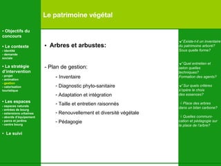 Le patrimoine végétal √  Existe-t-il un inventaire du patrimoine arboré? Sous quelle forme? √  Quel entretien et selon quelles  techniques? Formation des agents? √  Sur quels critères  s’opère le choix  des essences? √  Place des arbres dans un bilan carbone ? √  Quelles communi- cation et pédagogie sur  la place de l’arbre ? •  Objectifs du concours •  Le contexte - identité - demande  sociale •  La stratégie d’intervention   - projet - animation  - gestion - valorisation  touristique •  Les espaces   - espaces naturels - entrées de bourg - extensions urbaines - abords d’équipement - parcs et jardins - centre bourg •  Le suivi •  Arbres et arbustes: - Plan de gestion: -  Inventaire  Diagnostic phyto-sanitaire Adaptation et intégration Taille et entretien raisonnés Renouvellement et diversité végétale Pédagogie 