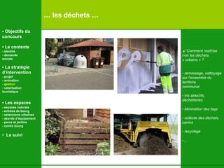 …  les déchets … √  Comment maîtrise t-on les déchets  « urbains » ? ramassage, nettoyage  sur l’ensemble du  territoire  communal tris sélectifs, déchetteries élimination des tags  - collecte des déchets  canins recyclage …   •  Objectifs du concours •  Le contexte - identité - demande  sociale •  La stratégie d’intervention   - projet - animation  - gestion - valorisation  touristique •  Les espaces   - espaces naturels - entrées de bourg - extensions urbaines - abords d’équipement - parcs et jardins - centre bourg •  Le suivi 