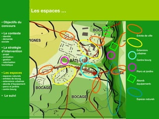   Les espaces   … BATI Entrée de ville Extensions urbaines Centre bourg Parcs et jardins Abords équipements Espaces naturels •  Objectifs du concours •  Le contexte - identité - demande  sociale •  La stratégie d’intervention   - projet - animation  - gestion - valorisation  touristique •  Les espaces   - espaces naturels - entrées de bourg - extensions urbaines - abords d’équipement - parcs et jardins - centre bourg •  Le suivi 