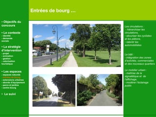 Entrées de bourg … Les circulations : - hiérarchiser les  circulations, sécuriser les cyclistes  et les piétons,  ralentir les  automobilistes Le bâti : - intégration des zones d’activités, commerciales et des nouveaux quartiers Le mobilier urbain : - maîtrise de la  signalétique et  de  l’affichage, modérer l’éclairage public •  Objectifs du concours •  Le contexte - identité - demande  sociale •  La stratégie d’intervention   - projet - animation  - gestion - valorisation  touristique •  Les espaces   - espaces naturels - entrées de bourg - extensions urbaines - abords d’équipement - parcs et jardins - centre bourg •  Le suivi 