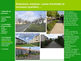 Extensions urbaines : zones d’activités et  nouveaux quartiers … Les circulations : voies hiérarchisées, favoriser les sentes inter-quartiers mixtes reliées au centre-bourg, choix  des matériaux  de sols harmonieux, entretien raisonné  (désherbage alternatif) Le bâti : varier la typologie du b âti (groupé, front bâti …) mise en valeur  paysagère des espaces  non aedificandi (ma îtrise  foncière communale),  paysagement des limites privées et  publiques,  préverdissement à  développer, favoriser  l’architecture contemporaine (HQE,  énergie renouvelable …),  - gérer l’eau et les déchets, cohérence des  matériaux   •  Objectifs du concours •  Le contexte - identité - demande  sociale •  La stratégie d’intervention   - projet - animation  - gestion - valorisation  touristique •  Les espaces   - espaces naturels - entrées de bourg - extensions urbaines - abords d’équipement - parcs et jardins - centre bourg •  Le suivi 